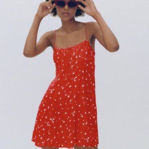 NEW Zara Red Micro Star Print Satin Knit Sleeveless Popover Mini Dress Sz XS